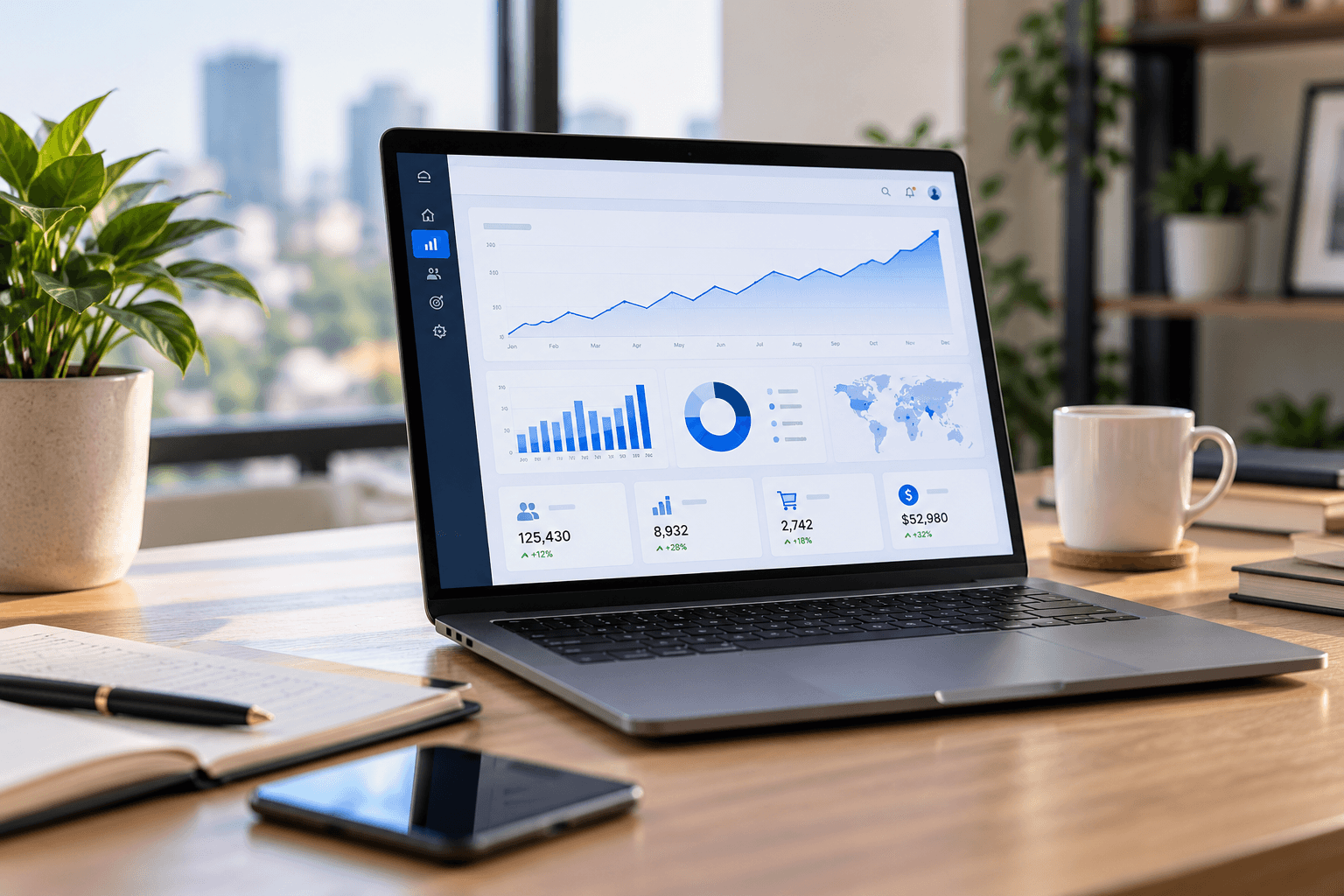 Analytics dashboard on a laptop next to a notebook