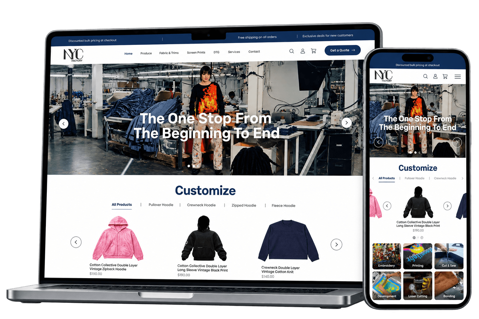 NYC Factory eCommerce storefront on laptop and phone