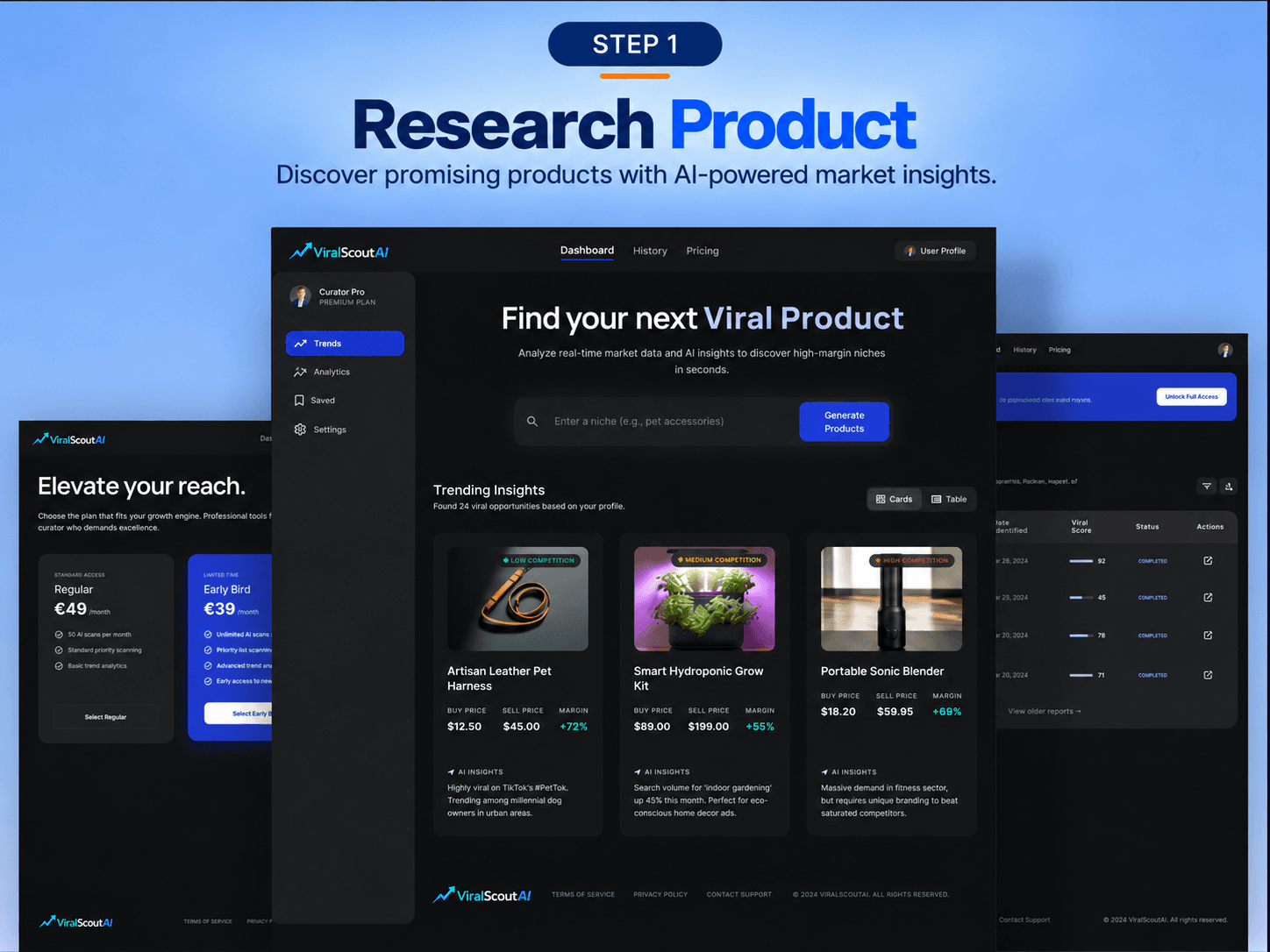 ViralScoutAI website and app screens